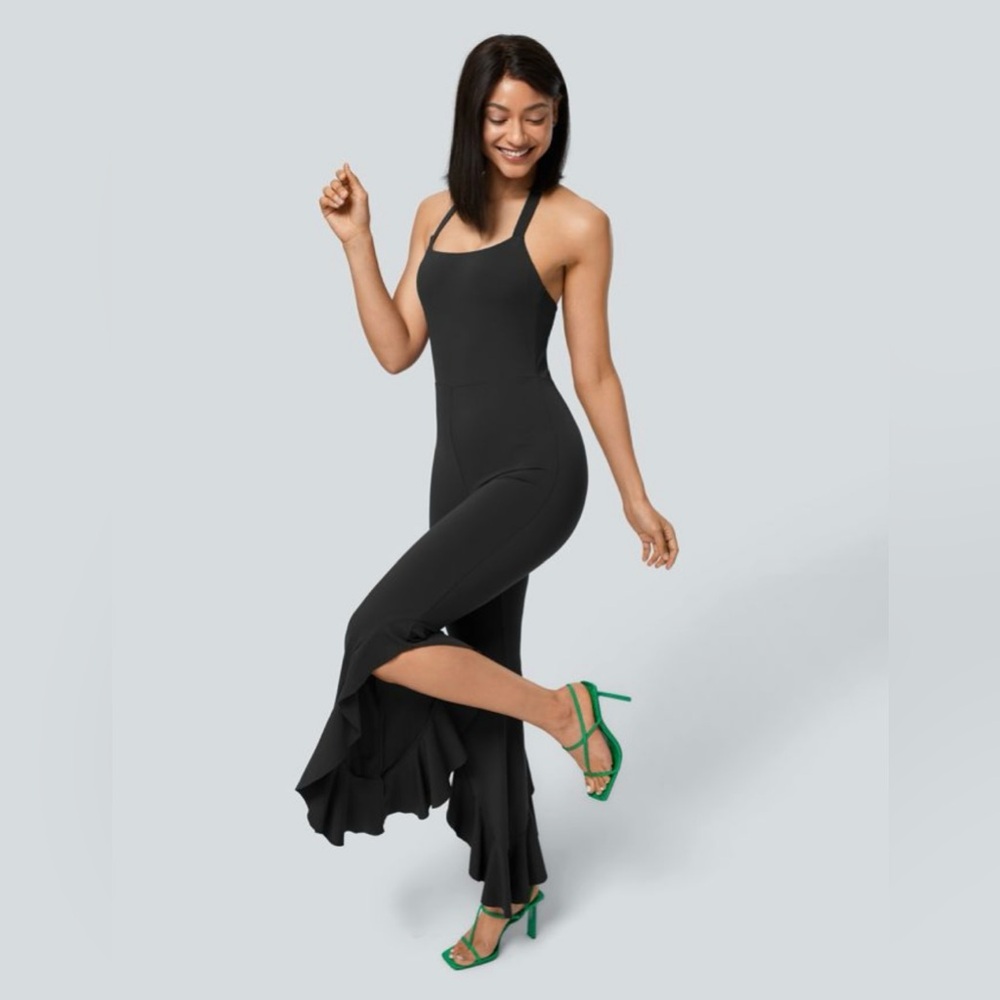 Halara Halter G-Hook Ruched Asymmetric Ruffle Skinny Casual Jumpsuit